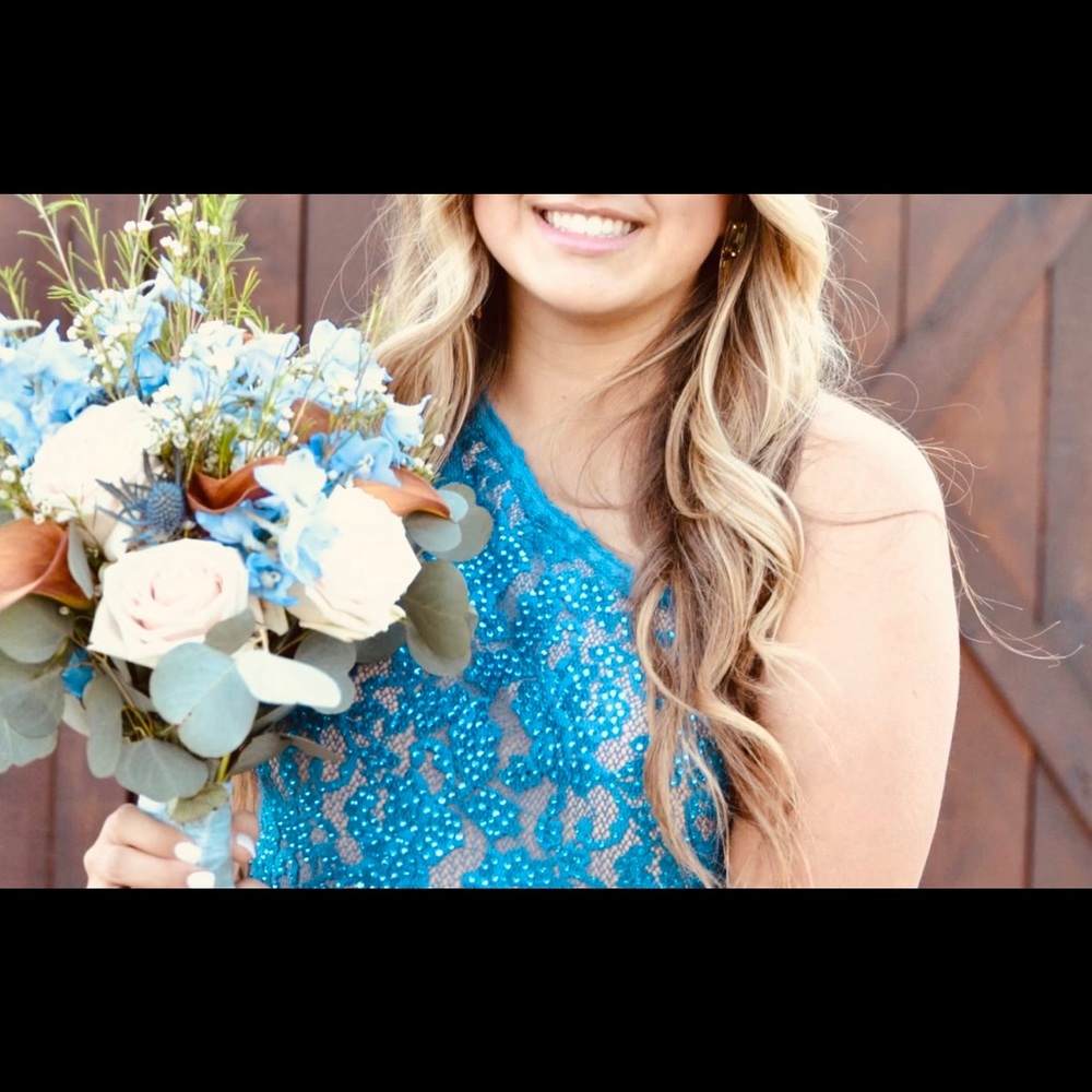 Jovani Gorgeous peacock blue one shoulder